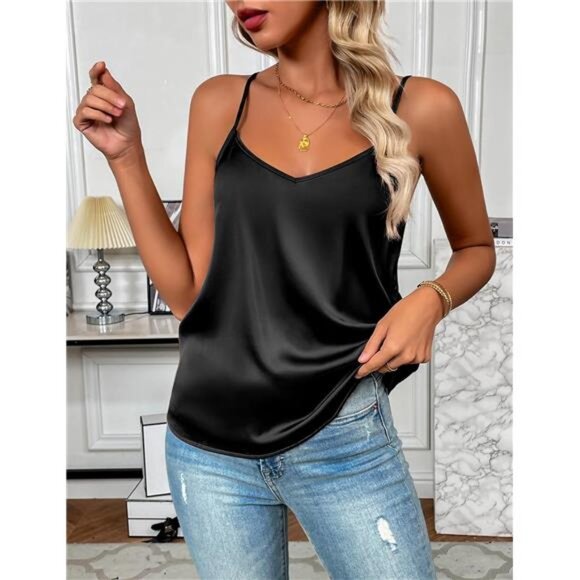 Satin V-Neck Camisole | Adjustable Spaghetti Strap Tank | Silky Summer Top - Picture 1 of 4